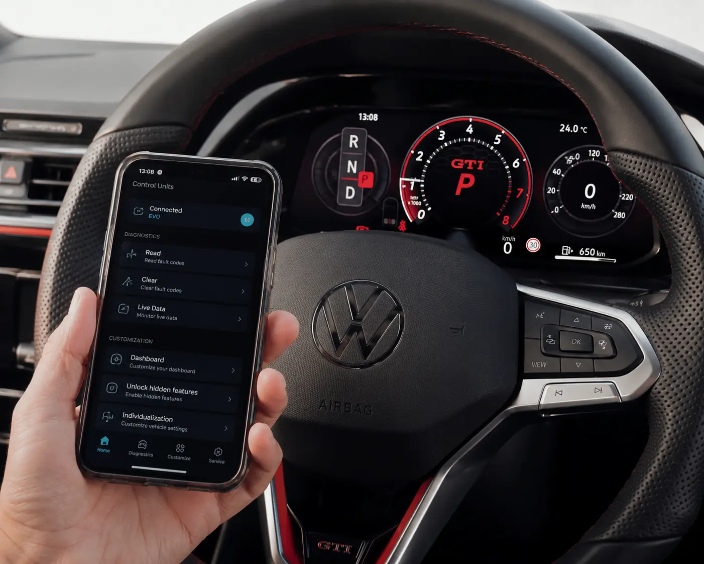 Carista App im VW Cockpit mit digitalem Tacho