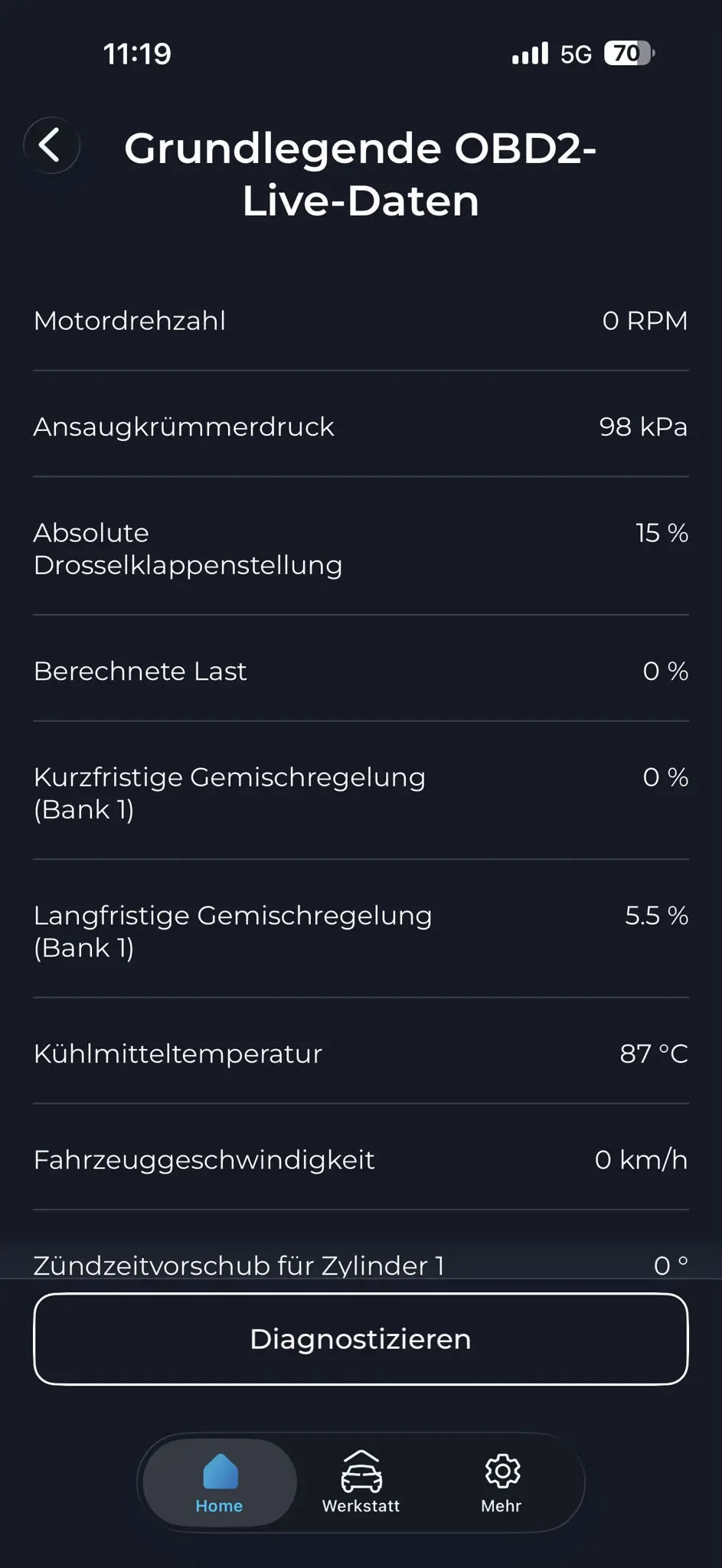 Carista OBD2 Live-Daten Screenshot